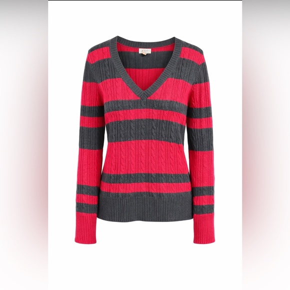 Arizona Jean Company Sweaters - Pink & Gray Striped Cable Knit V-Neck Sweater XXL Oversized Cozy Preppy